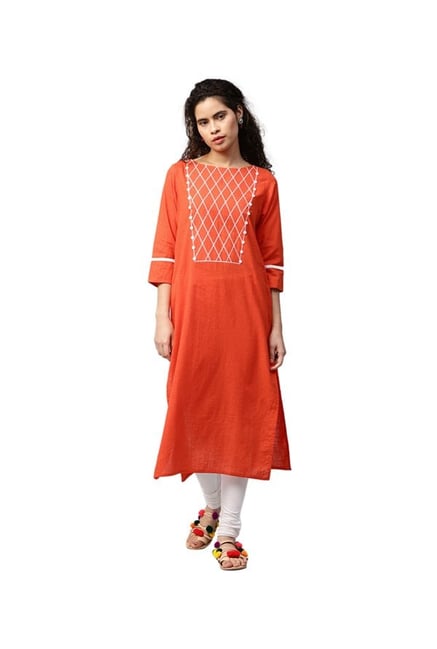 Jaipur Kurti Rust Embroidered Cotton Kurta Jaipur Kurti Rust Embroidered Cotton Kurta