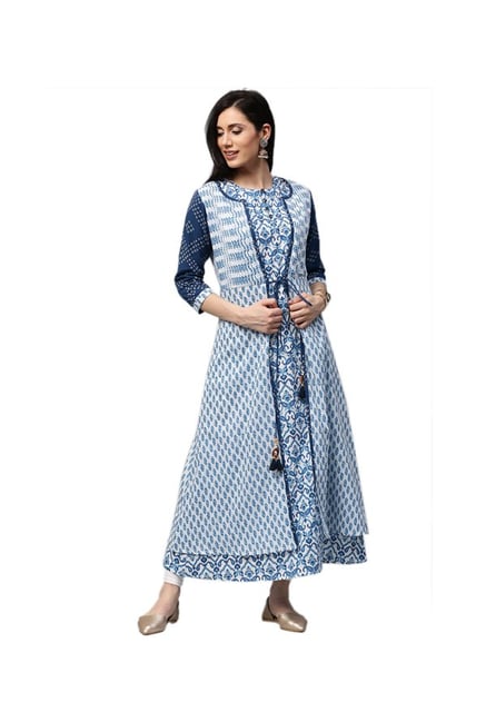 Jaipur Kurti White & Navy Printed Kurta With Shrug Jaipur Kurti White & Navy Printed Kurta With Shrug