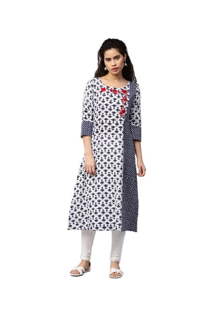 Jaipur Kurti White & Navy Printed Cotton Kurta Jaipur Kurti White & Navy Printed Cotton Kurta