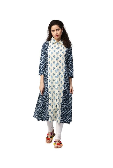 Jaipur Kurti Navy & Off White Printed Cotton Kurta Jaipur Kurti Navy & Off White Printed Cotton Kurta
