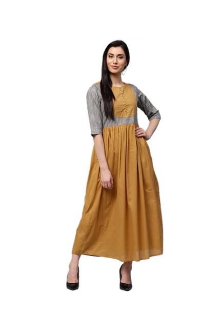 Jaipur Kurti Mustard Textured Cotton Dress Jaipur Kurti Mustard Textured Cotton Dress