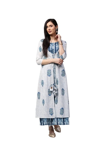 Jaipur Kurti Off White & Navy Printed Kurta With Shrug Jaipur Kurti Off White & Navy Printed Kurta With Shrug