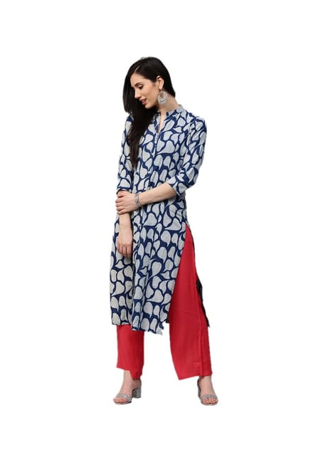 Jaipur Kurti Navy & Red Printed Cotton Kurta & Palazzo Jaipur Kurti Navy & Red Printed Cotton Kurta & Palazzo