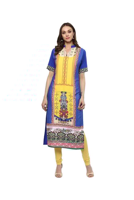 Ziyaa Blue & Yellow Printed Crepe Kurta Ziyaa Blue & Yellow Printed Crepe Kurta