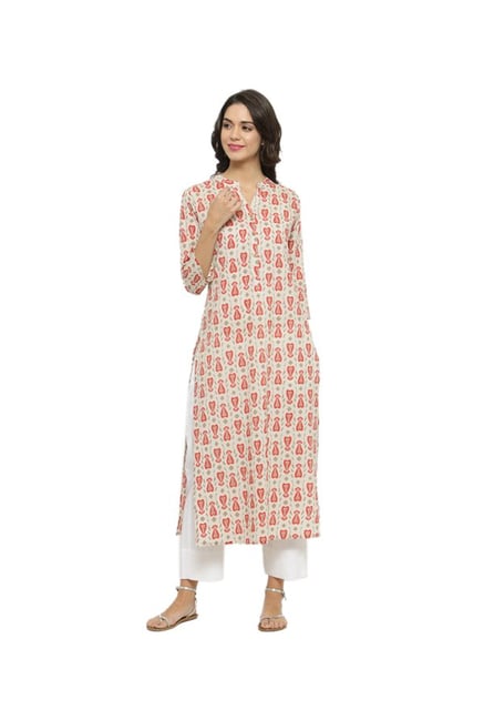 Varanga Off White Printed Cotton Kurta Varanga Off White Printed Cotton Kurta