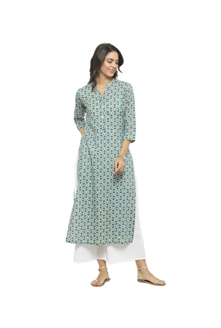 Varanga Teal Printed Cotton Kurta Varanga Teal Printed Cotton Kurta