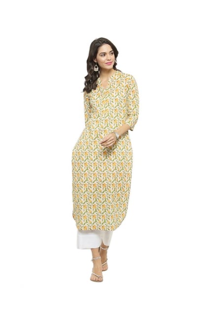 Varanga Yellow Floral Print Cotton Kurta Varanga Yellow Floral Print Cotton Kurta