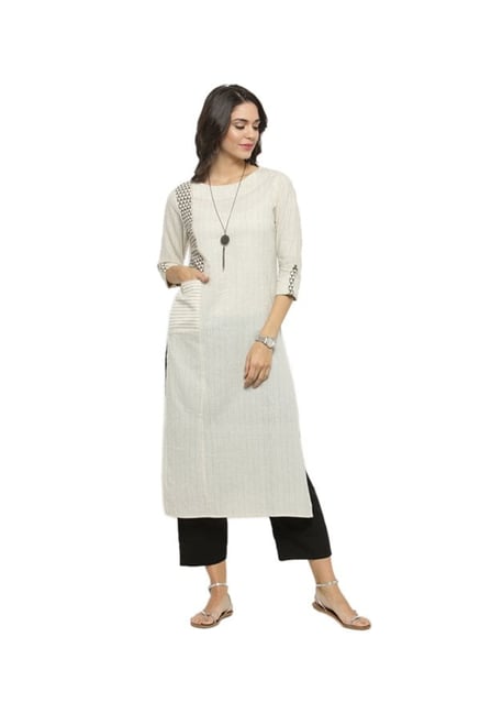 Varanga Off White Printed Cotton Kurta Varanga Off White Printed Cotton Kurta