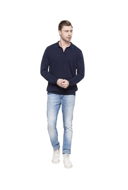 Globus Blue Self Print Polo T-Shirt Globus Blue Self Print Polo T-Shirt