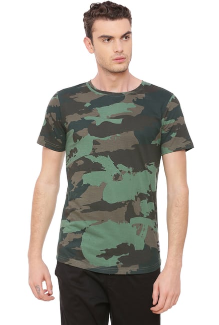 Kultprit Green & Brown Slim Fit Cotton T-Shirt Kultprit Green & Brown Slim Fit Cotton T-Shirt