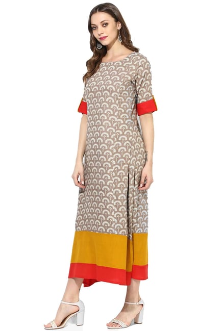 Varanga Taupe Printed Viscose Rayon Dress Varanga Taupe Printed Viscose Rayon Dress