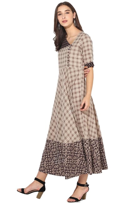 Varanga Taupe Checks Cotton Dress Varanga Taupe Checks Cotton Dress