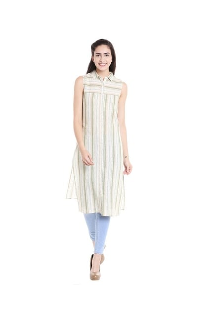 Fusion Beats Green & White Striped Kurta Fusion Beats Green & White Striped Kurta