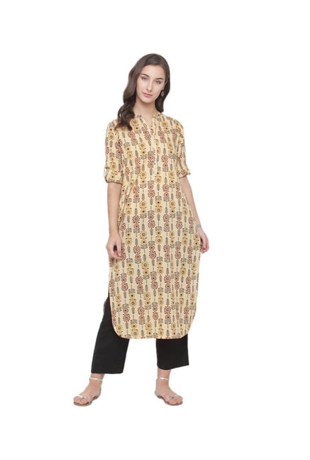 Varanga Beige Printed Cotton Kurta Varanga Beige Printed Cotton Kurta