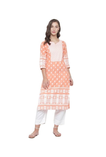 Varanga Peach Printed Cotton Kurta Varanga Peach Printed Cotton Kurta