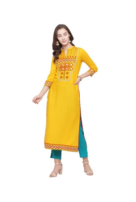 Varanga Mustard Embroidered Kurta Varanga Mustard Embroidered Kurta