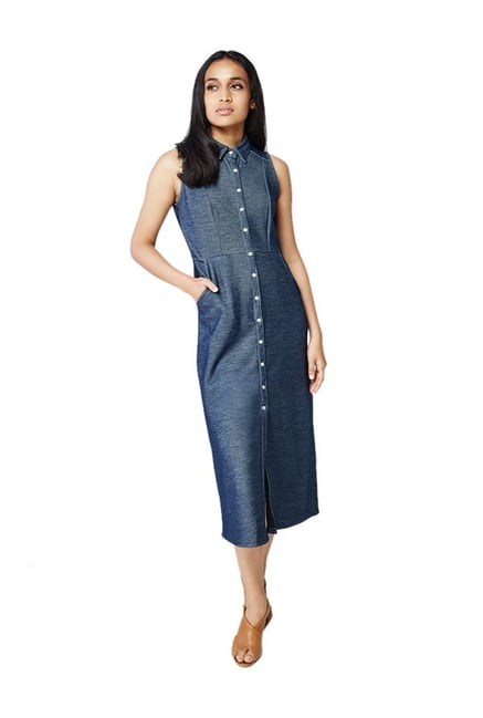AND Dark Blue Textured Midi Denim Dress AND Dark Blue Textured Midi Denim Dress