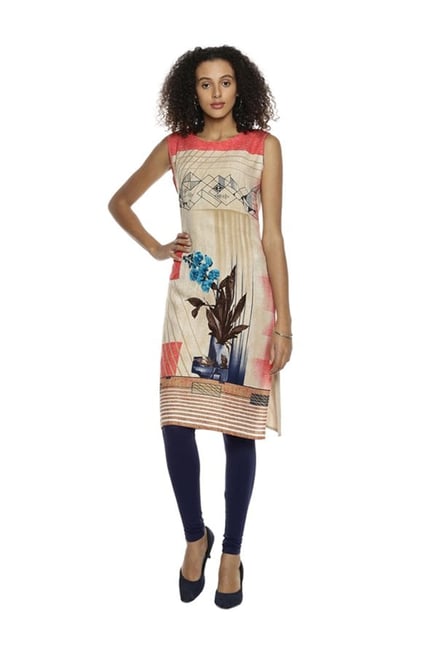 Soch Beige & Coral Printed Rayon Kurta Soch Beige & Coral Printed Rayon Kurta