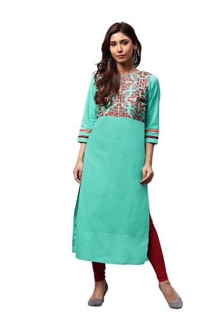 Jaipur Kurti Turquoise Embroidered Cotton Kurta Jaipur Kurti Turquoise Embroidered Cotton Kurta