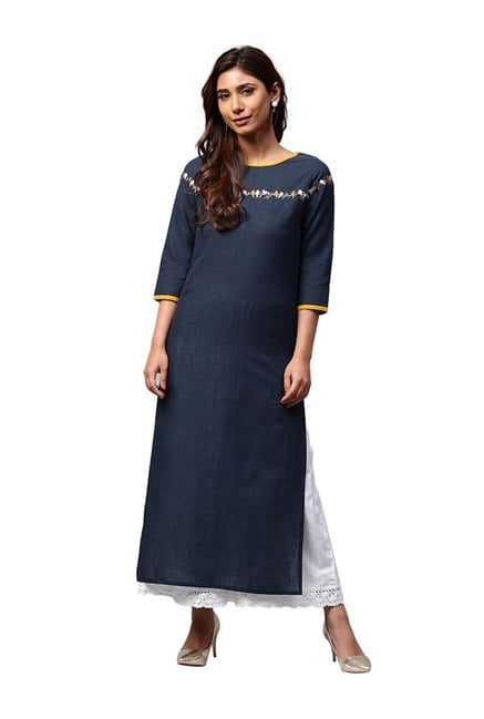 Jaipur Kurti Navy Embroidered Cotton Kurta Jaipur Kurti Navy Embroidered Cotton Kurta