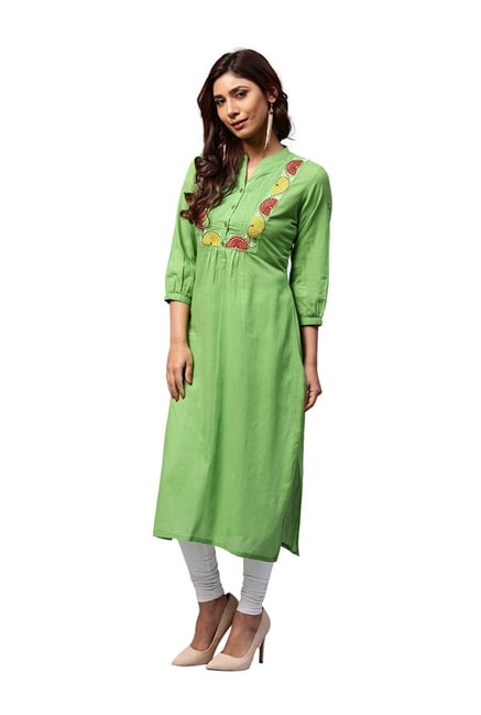 Jaipur Kurti Green Embroidered Cotton Kurta Jaipur Kurti Green Embroidered Cotton Kurta