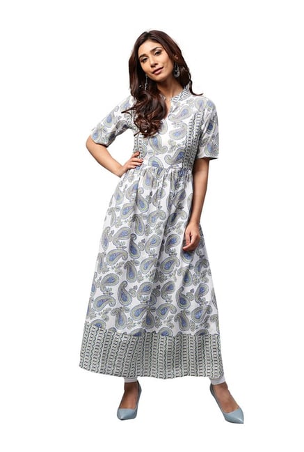 Jaipur Kurti Off White & Blue Paisley Print Kurta Jaipur Kurti Off White & Blue Paisley Print Kurta