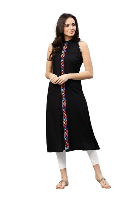 Jaipur Kurti Black Embroidered Rayon Dress Jaipur Kurti Black Embroidered Rayon Dress