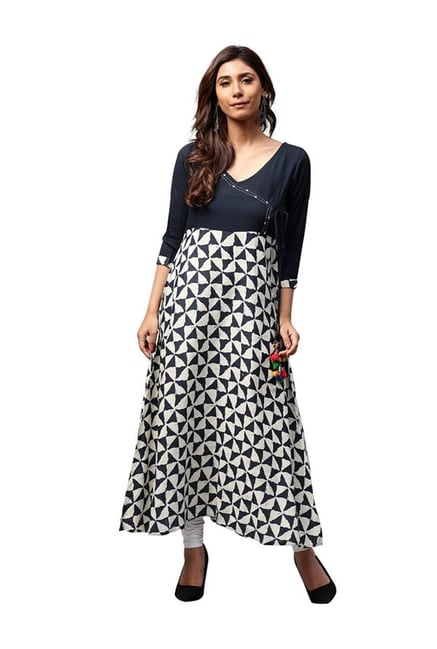 Jaipur Kurti Navy & White Printed Rayon Kurta Jaipur Kurti Navy & White Printed Rayon Kurta