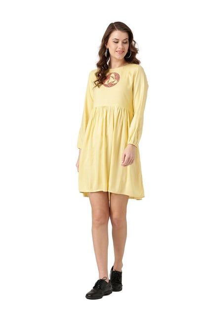 Desi Fusion Yellow Embroidered Rayon Dress Desi Fusion Yellow Embroidered Rayon Dress