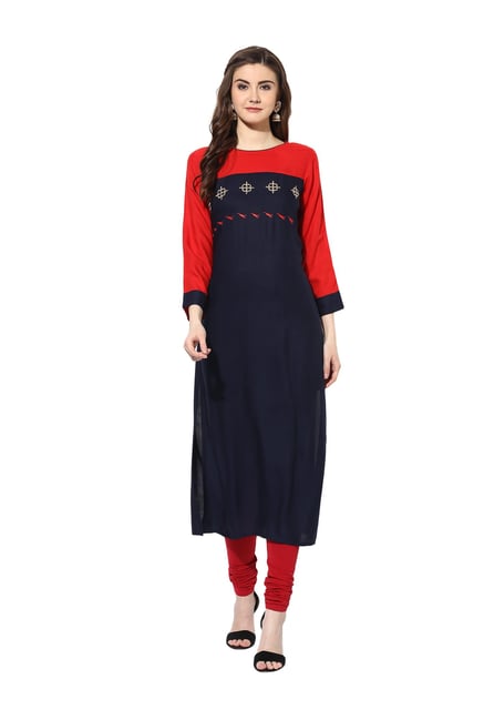 Mytri Navy & Red Embroidered Rayon Kurta Mytri Navy & Red Embroidered Rayon Kurta