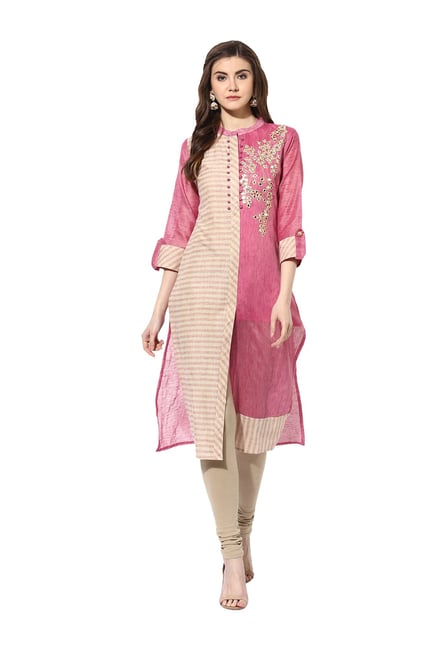 Mytri Beige & Pink Embroidered Chanderi Kurta Mytri Beige & Pink Embroidered Chanderi Kurta