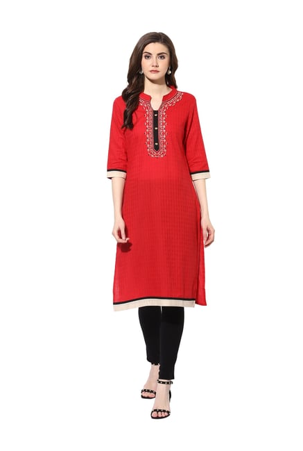 Mytri Red Embroidered Rayon Kurta Mytri Red Embroidered Rayon Kurta