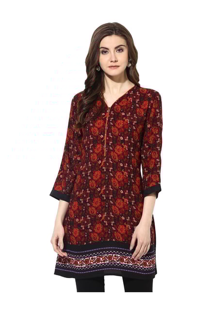Mytri Red & Orange Floral Print Rayon Kurti Mytri Red & Orange Floral Print Rayon Kurti