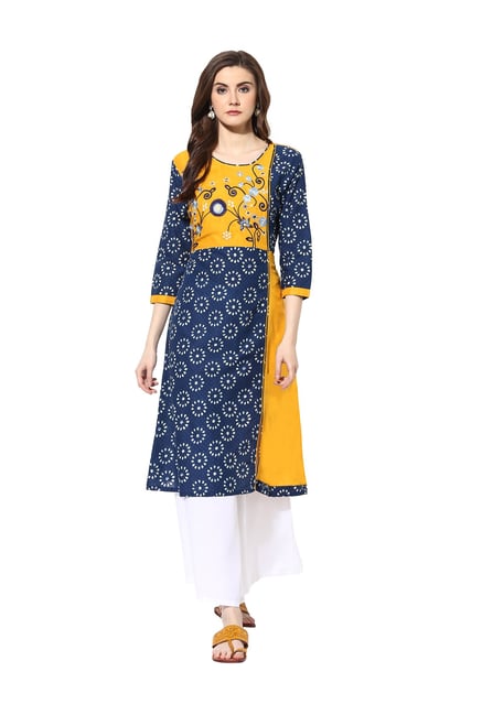 Mytri Navy & Yellow Embroidered Cambric Kurta Mytri Navy & Yellow Embroidered Cambric Kurta