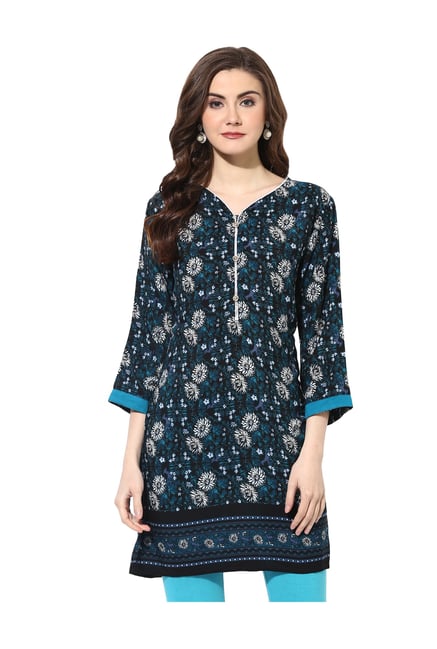 Mytri Blue Floral Print Rayon Kurti Mytri Blue Floral Print Rayon Kurti