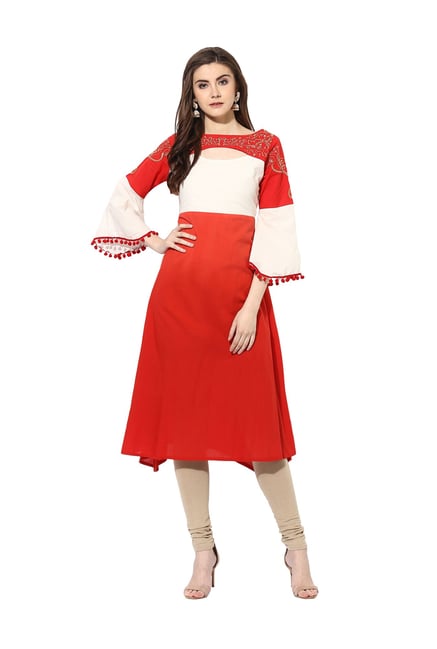 Mytri Red & Off Printed Cambric Kurta Mytri Red & Off Printed Cambric Kurta
