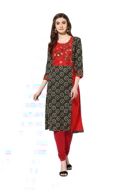 Mytri Olive & Red Embroidered Cambric Kurta Mytri Olive & Red Embroidered Cambric Kurta