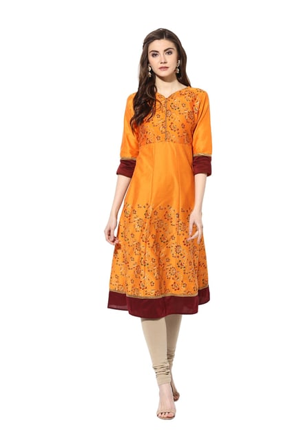 Mytri Orange Printed Poly Cotton Kurta Mytri Orange Printed Poly Cotton Kurta