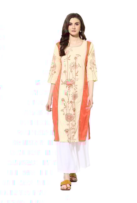 Mytri Cream & Orange Printed Rayon Kurta Mytri Cream & Orange Printed Rayon Kurta