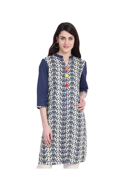 Juniper Off White & Navy Printed Cotton Kurta Juniper Off White & Navy Printed Cotton Kurta