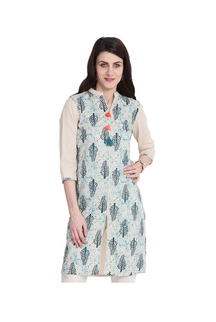 Juniper Off White & Blue Printed Cotton Kurta Juniper Off White & Blue Printed Cotton Kurta
