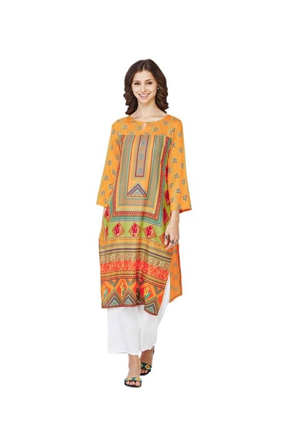 Global Desi Mustard Printed Kurta Global Desi Mustard Printed Kurta