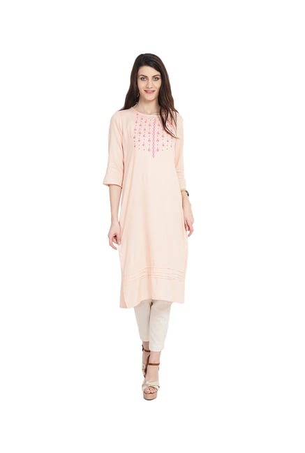 Juniper Peach Embroidered Rayon Kurta Juniper Peach Embroidered Rayon Kurta