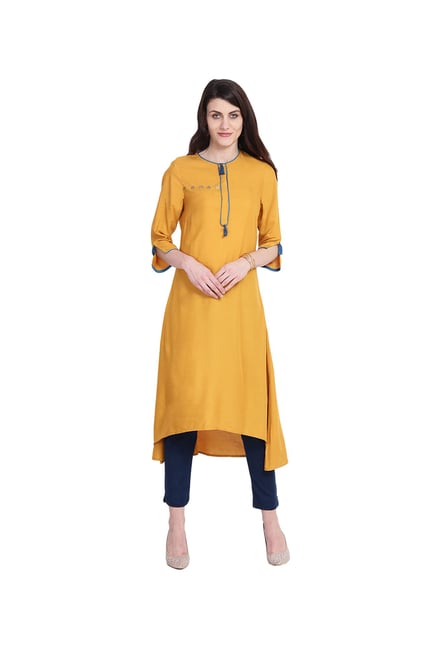 Juniper Yellow Regular Fit Rayon Kurta Juniper Yellow Regular Fit Rayon Kurta