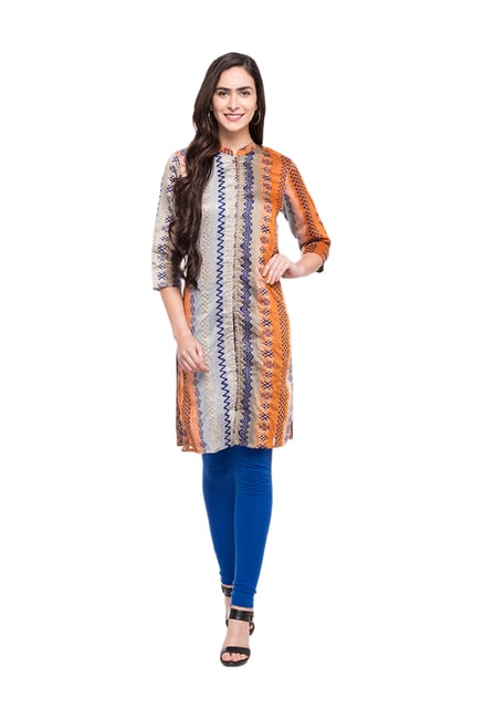 Globus Grey & Orange Printed Polyester Kurta Globus Grey & Orange Printed Polyester Kurta