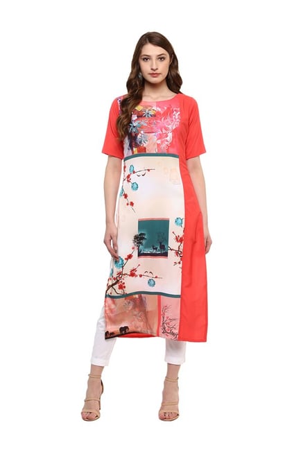 Ziyaa Coral & Beige Printed Crepe Kurta Ziyaa Coral & Beige Printed Crepe Kurta