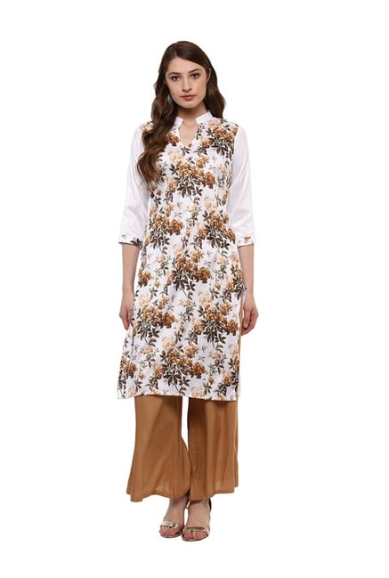 Ziyaa White Floral Print Poly Silk Kurta Ziyaa White Floral Print Poly Silk Kurta