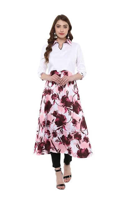 Ziyaa White & Pink Floral Print Poly Silk Kurta Ziyaa White & Pink Floral Print Poly Silk Kurta
