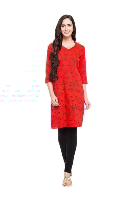 Globus Red Printed Polyester Kurta Globus Red Printed Polyester Kurta