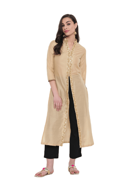Studio Rasa Beige Embellished Cotton Silk Jacket Kurta Studio Rasa Beige Embellished Cotton Silk Jacket Kurta